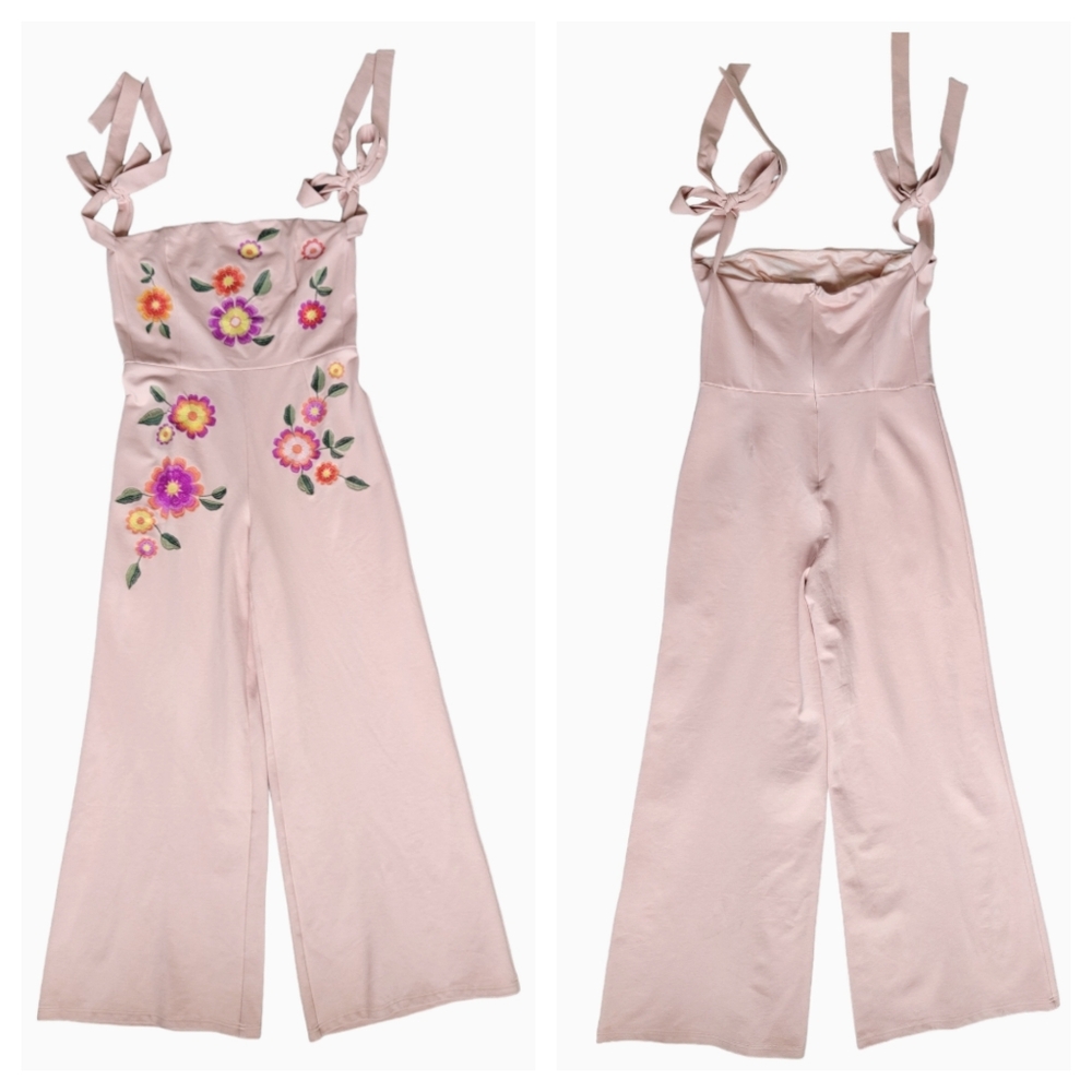Guaraxez Exitosa Rose Jumpsuit Wide Leg Embroidered Romper Pink Boho Wom… - Picture 3 of 17